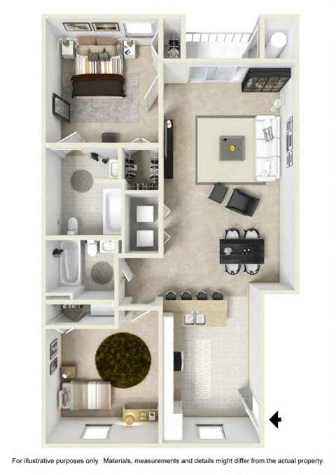 Floor plan for 2 beds, 2 baths, 975 sqft
